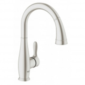 Смеситель для кухни однорычажный GROHE Parkfield с выдвижной лейкой, C-образный излив, суперсталь (30215DC1) — фото, характеристики, купить в TOMSK-CLIMBO
